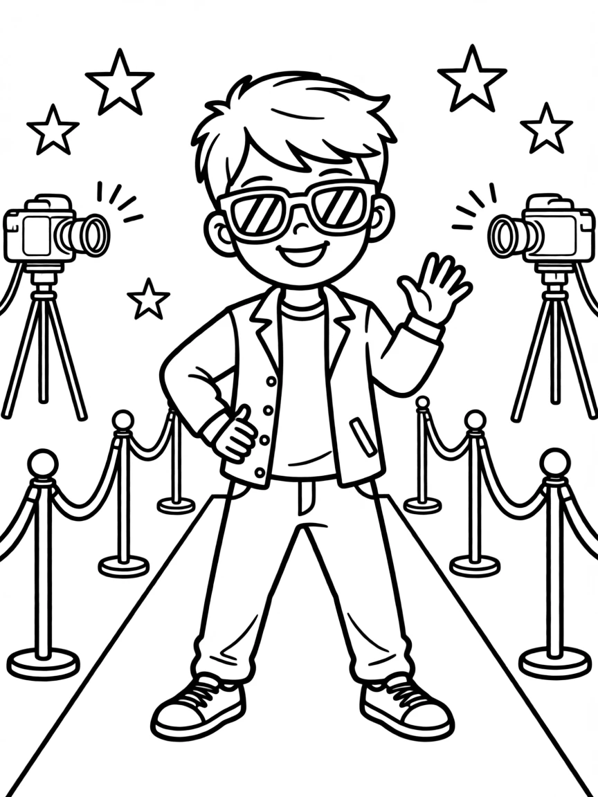Justin Bieber posing with sunglasses and a cool outfit on the red carpet – a fun and kid-friendly coloring page.