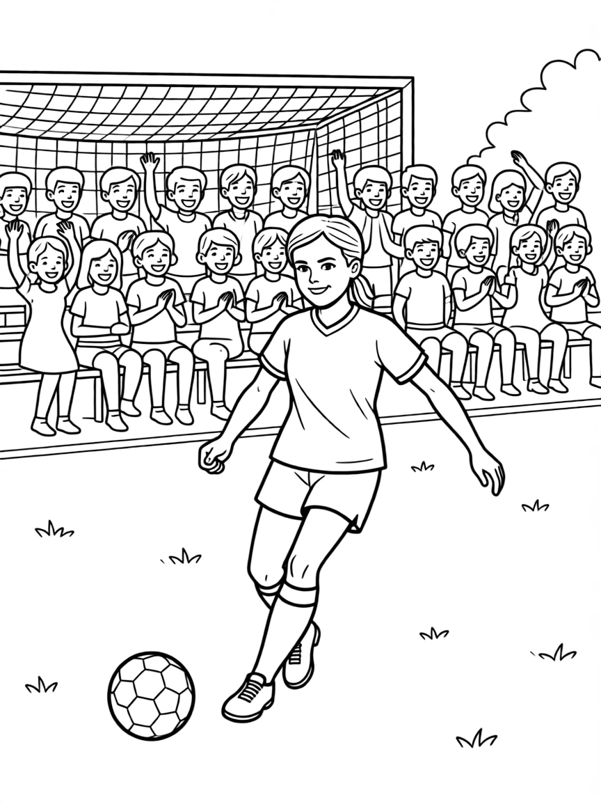 Emma Watson playing soccer on a field with cheering fans in the stands – a fun and kid-friendly coloring page.
