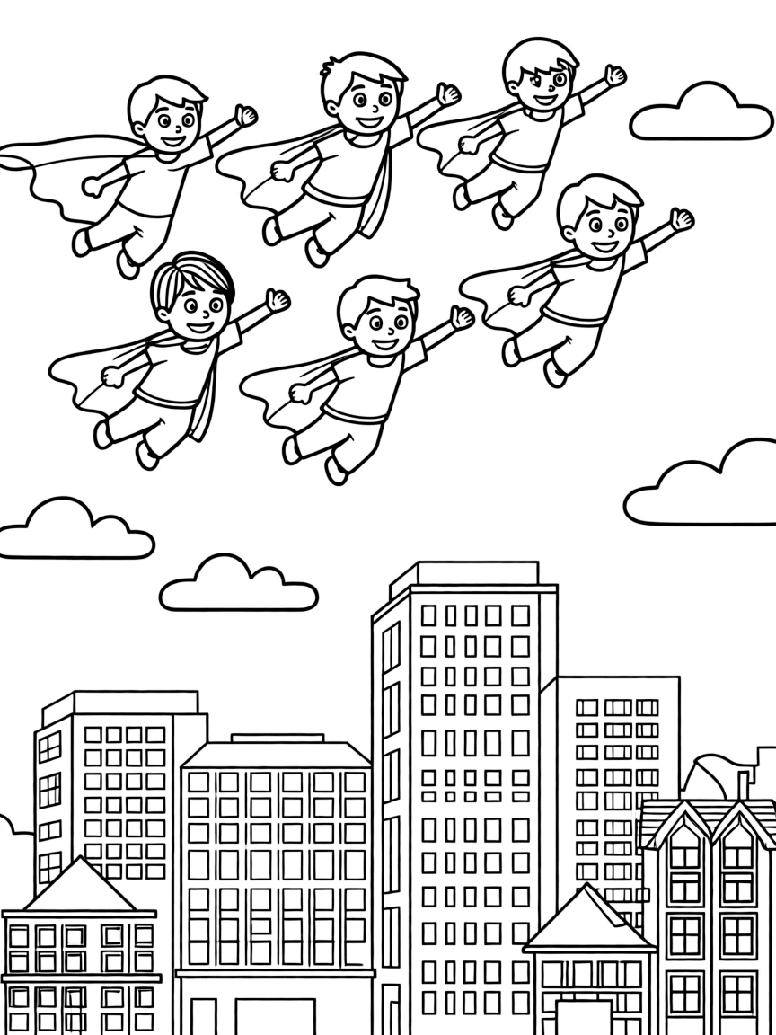 BTS Members wearing a superhero cape and flying over a cityscape – a fun and kid-friendly coloring page.