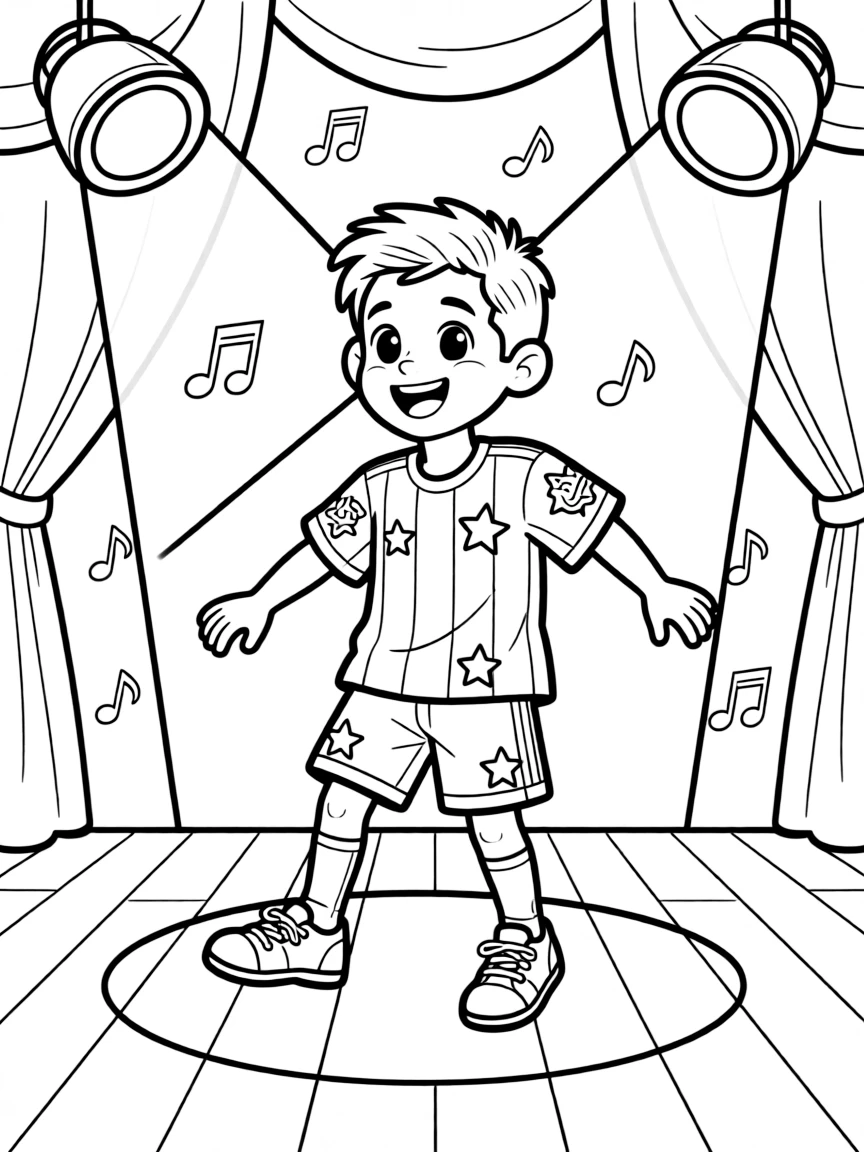 Lionel Messi dancing on a stage with spotlights and fun outfits – a fun and kid-friendly coloring page.