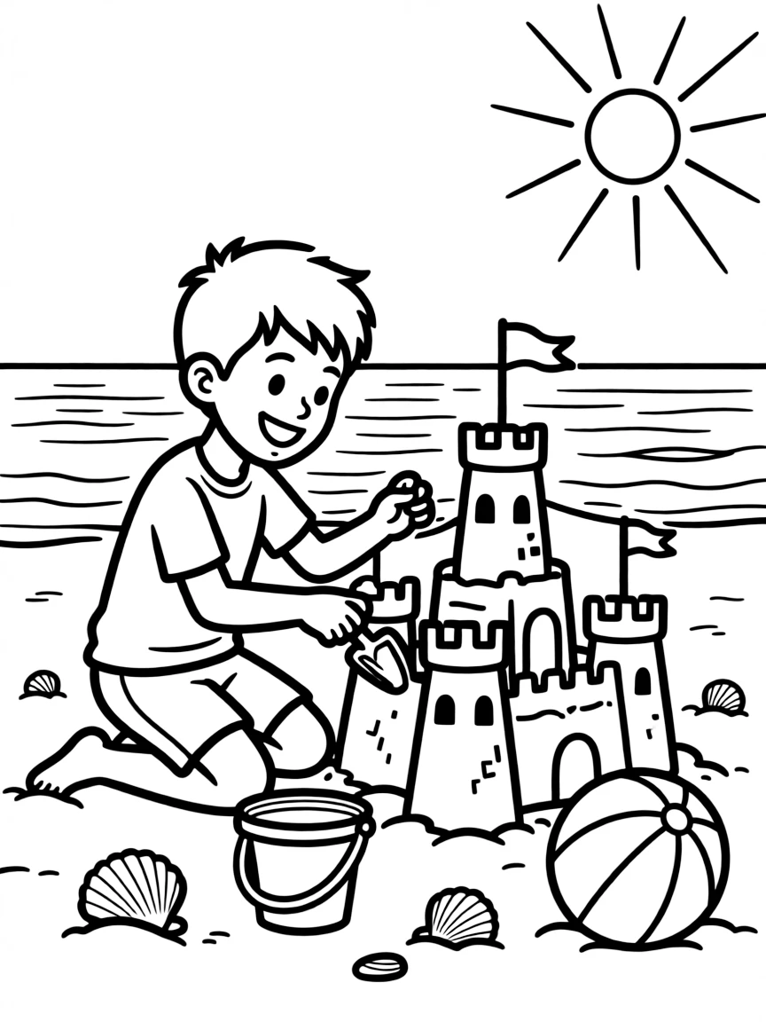 Stephen Curry building a sandcastle at the beach – a fun and kid-friendly coloring page.