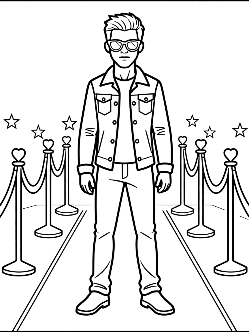 Taylor Lautner posing with sunglasses and a cool outfit on the red carpet – a fun and kid-friendly coloring page.