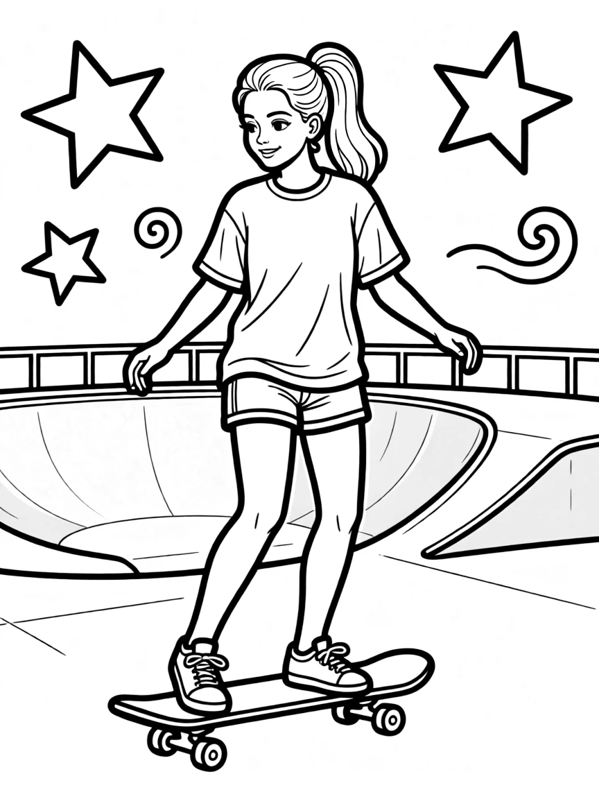 Shakira skateboarding at a skate park with stars and swirls around – a fun and kid-friendly coloring page.