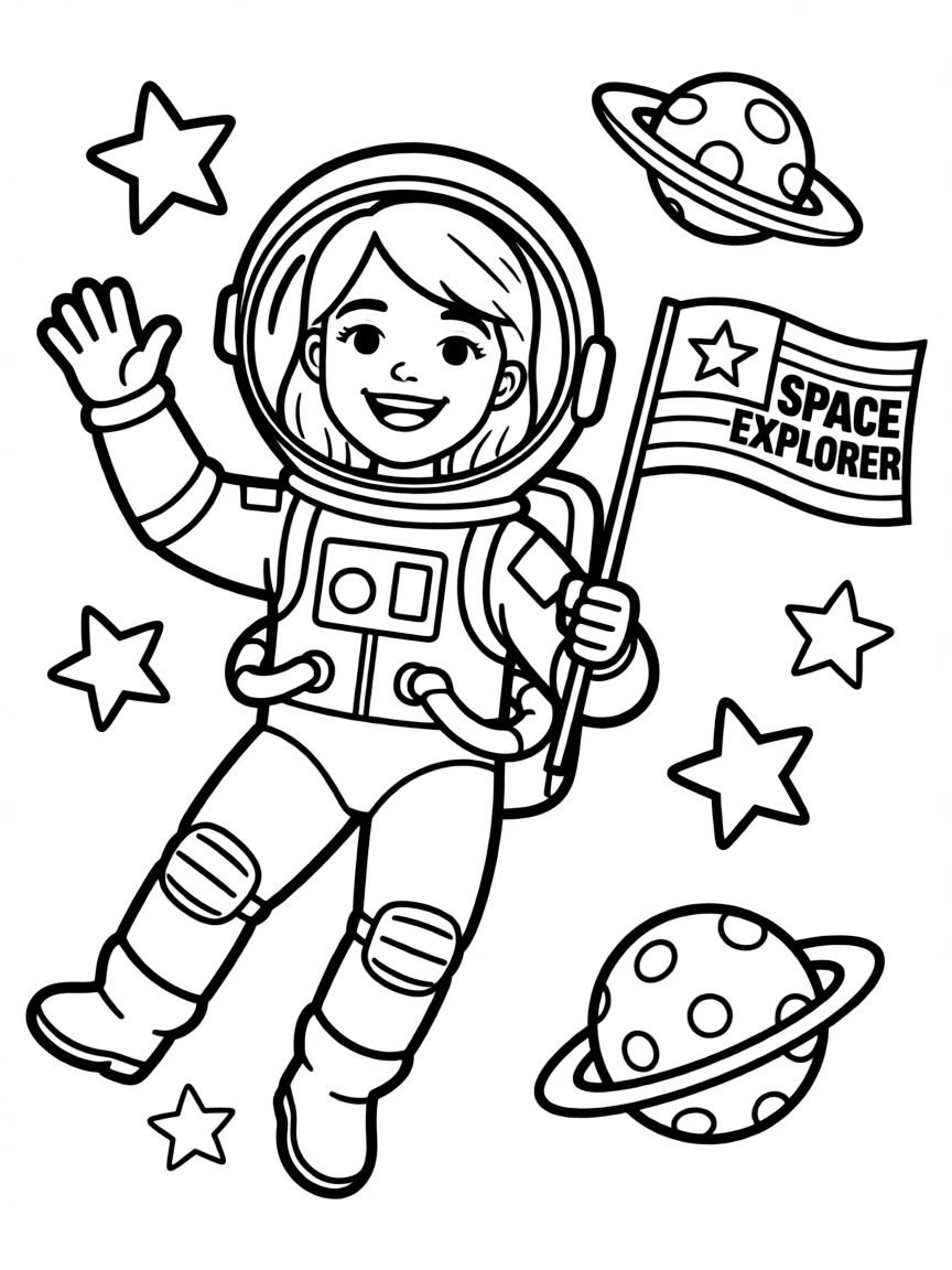 Emma Stone exploring space in an astronaut suit – a fun and kid-friendly coloring page.