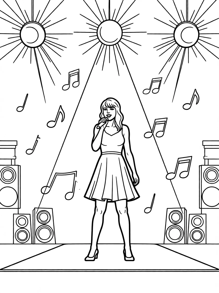 Taylor Swift singing on a big concert stage with musical notes and lights – a fun and kid-friendly coloring page.