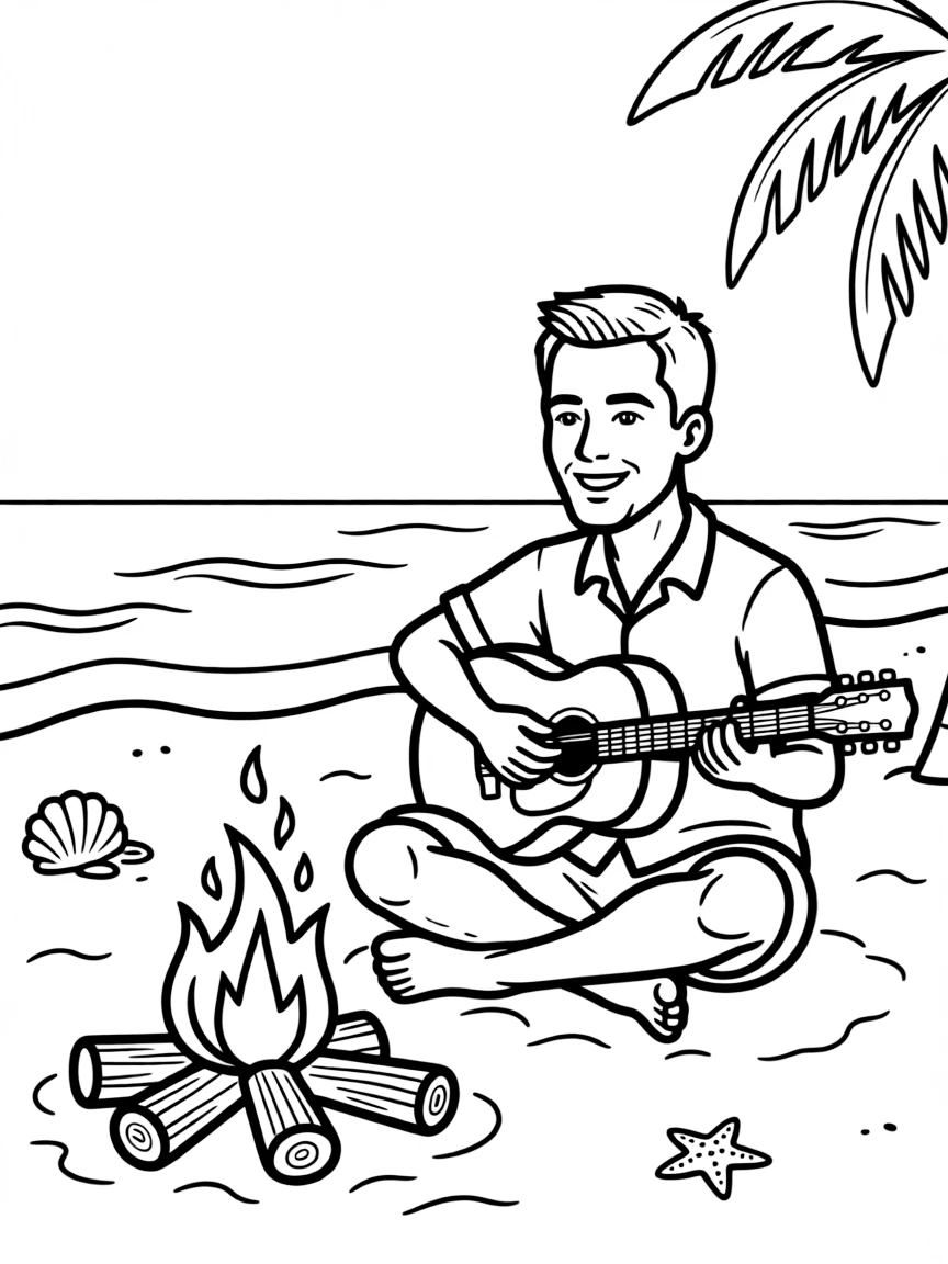 Will Smith playing guitar at a beach bonfire – a fun and kid-friendly coloring page.