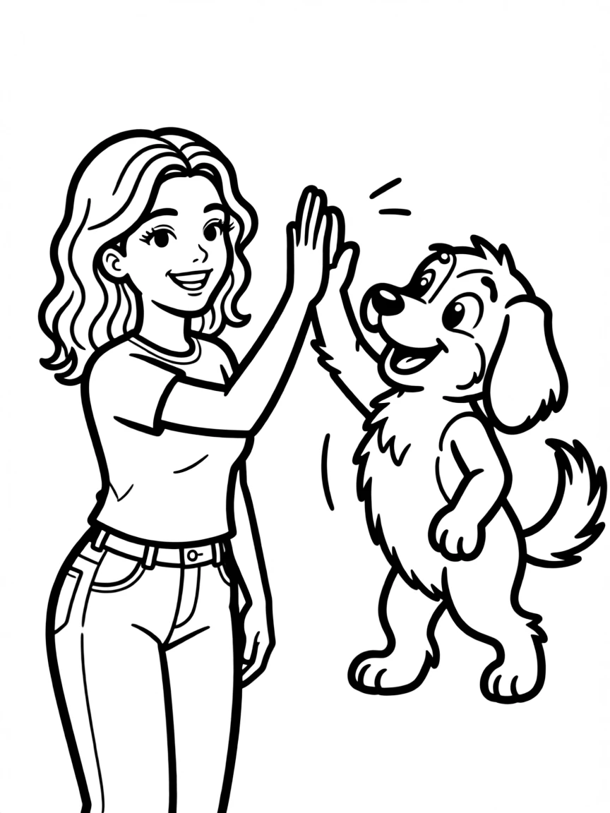 Dua Lipa giving a high five to a cartoon animal friend – a fun and kid-friendly coloring page.