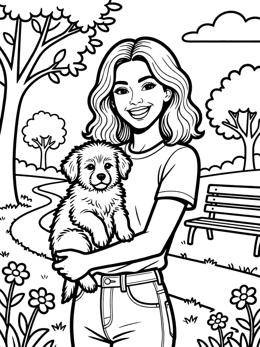 Zendaya smiling and holding a puppy with a park background – a fun and kid-friendly coloring page.