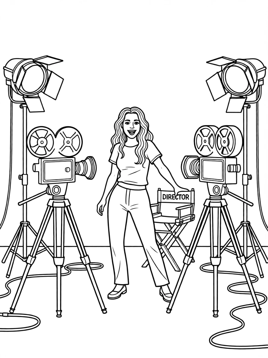 Shakira acting in a scene on a movie set with cameras – a fun and kid-friendly coloring page.