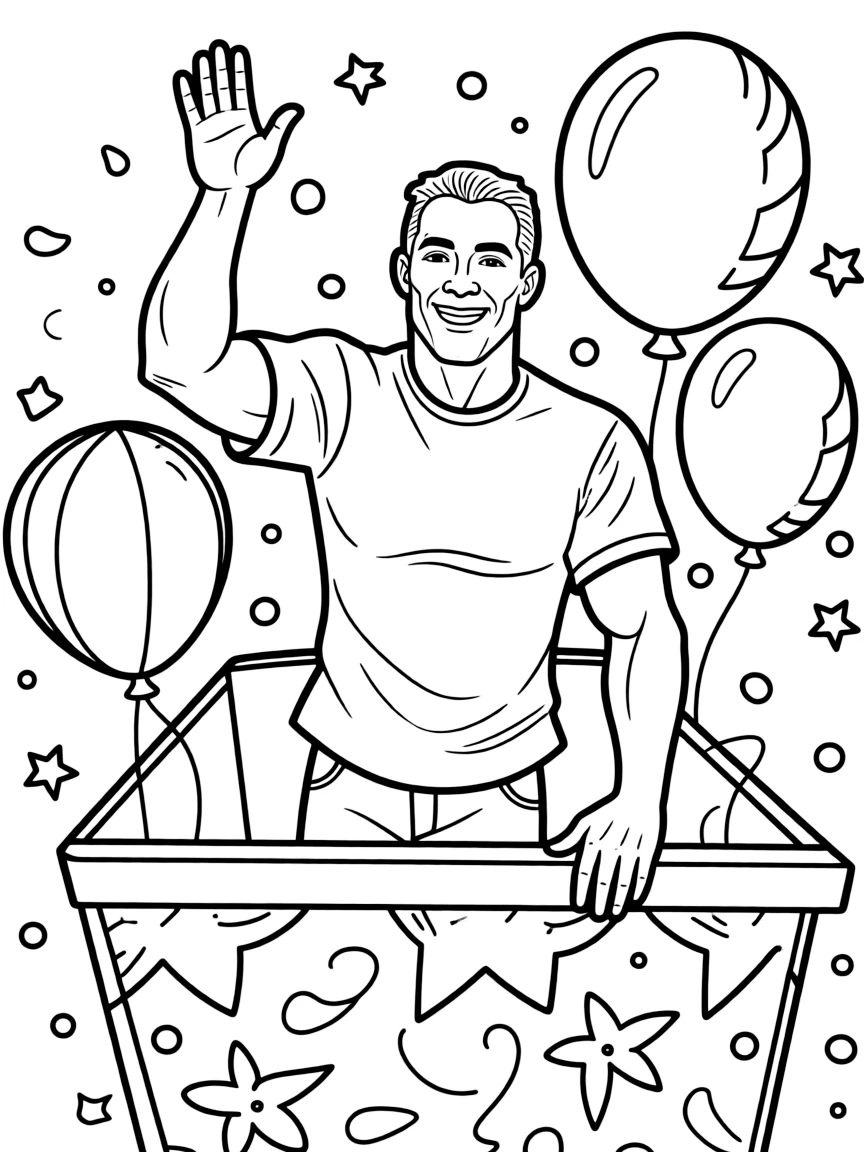 Dwayne Johnson waving from a parade float with balloons and confetti – a fun and kid-friendly coloring page.
