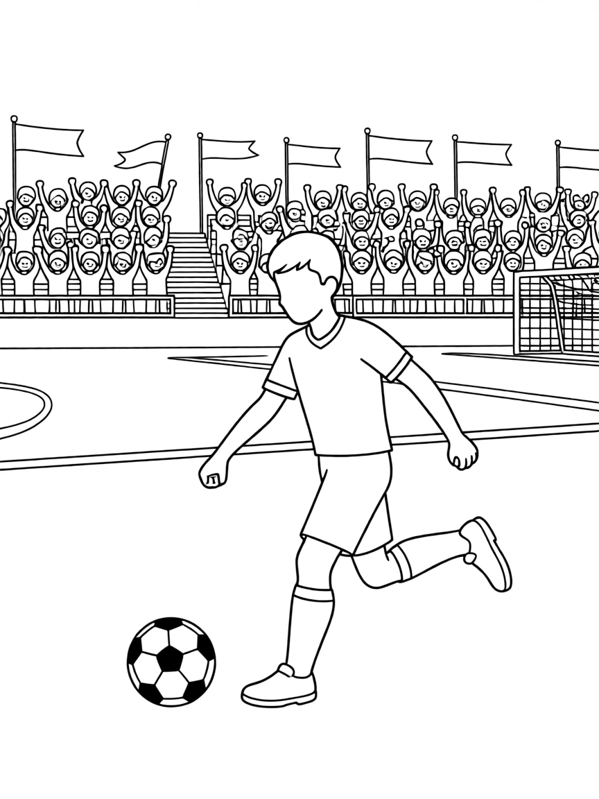 Justin Bieber playing soccer on a field with cheering fans in the stands – a fun and kid-friendly coloring page.