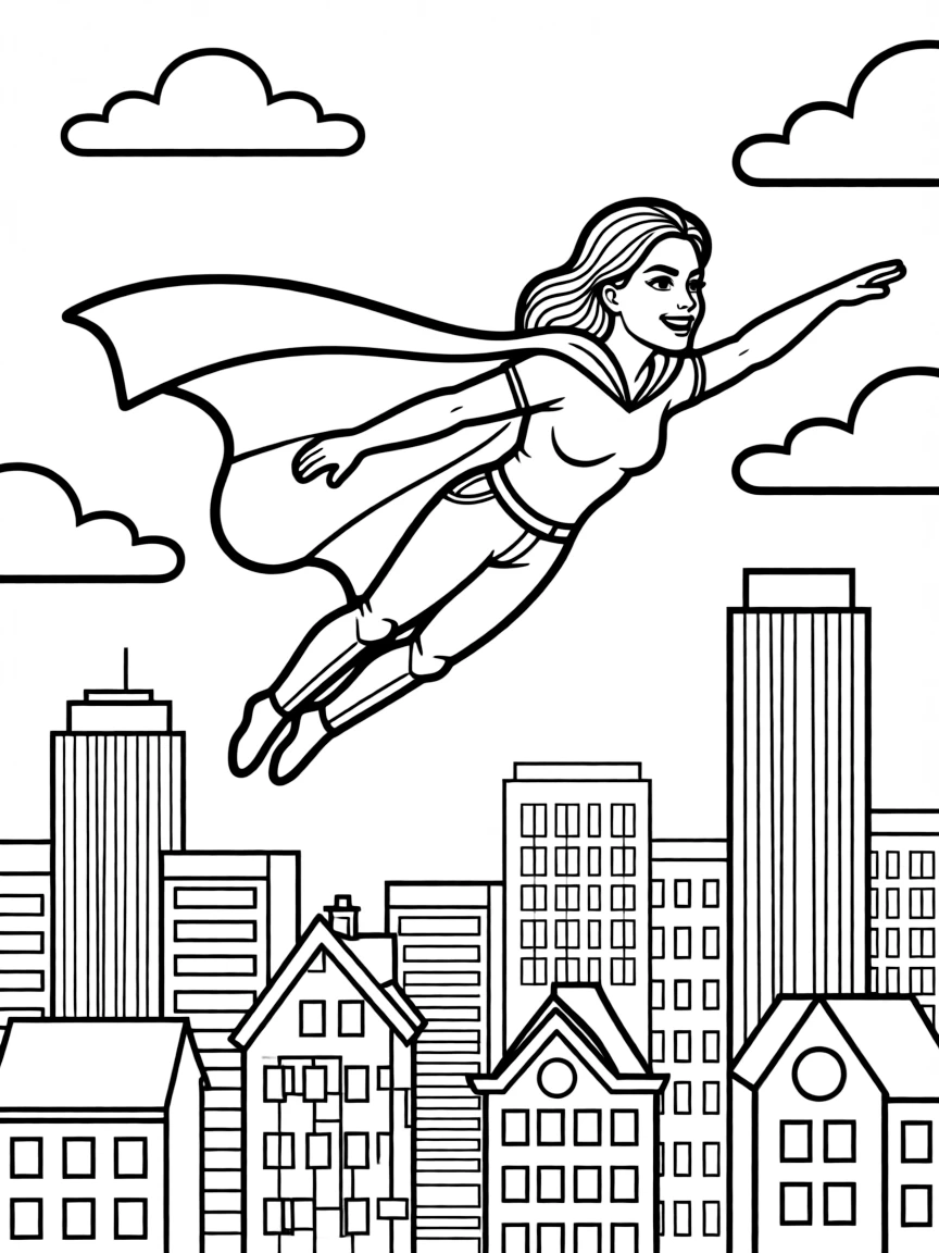 Angelina Jolie wearing a superhero cape and flying over a cityscape – a fun and kid-friendly coloring page.