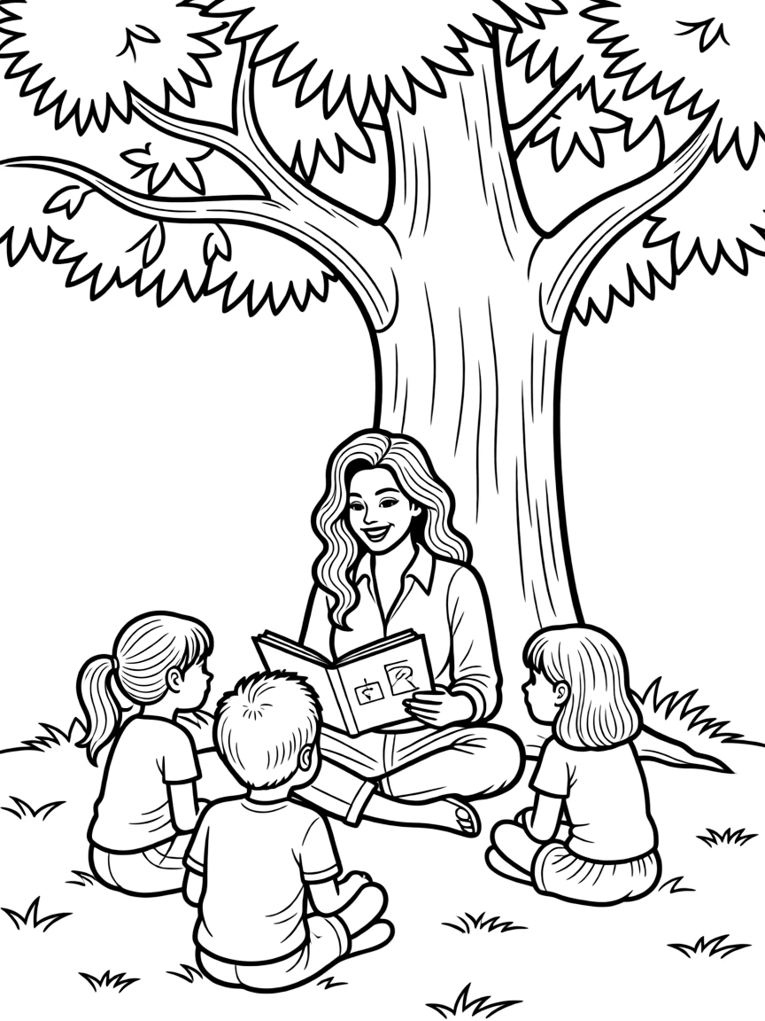 Jennifer Lopez reading a storybook to children under a tree – a fun and kid-friendly coloring page.