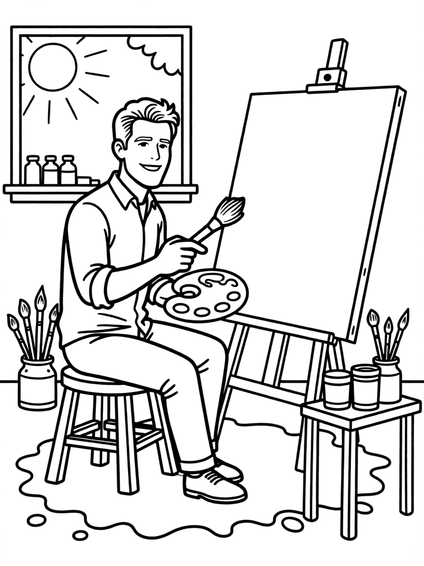 Ryan Reynolds painting a picture at an art studio – a fun and kid-friendly coloring page.