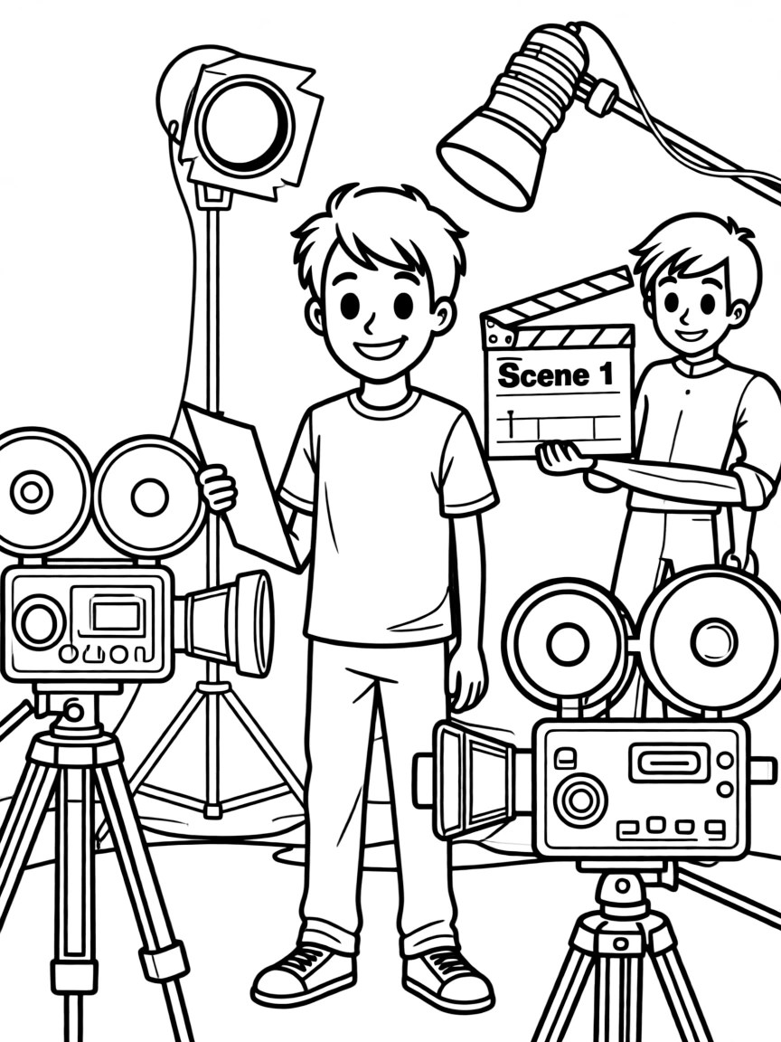 Shawn Mendes acting in a scene on a movie set with cameras – a fun and kid-friendly coloring page.