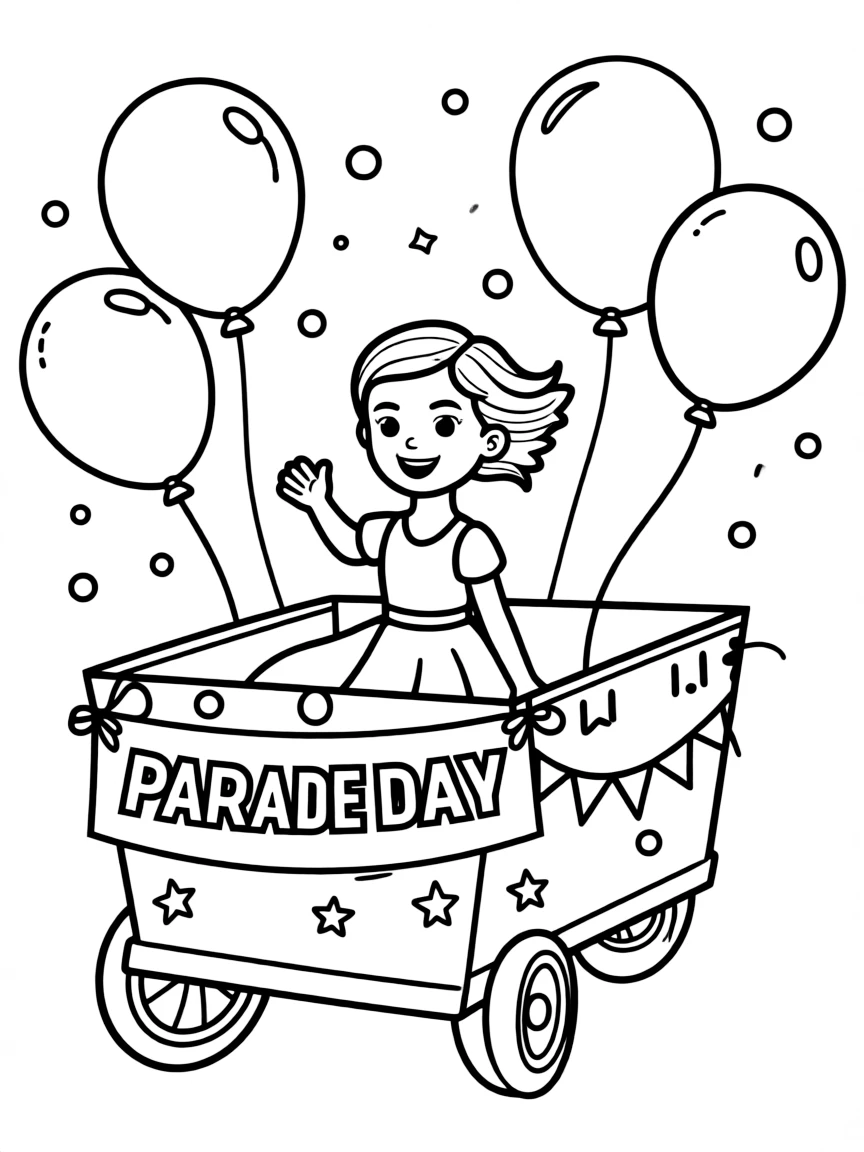 Emma Watson waving from a parade float with balloons and confetti – a fun and kid-friendly coloring page.