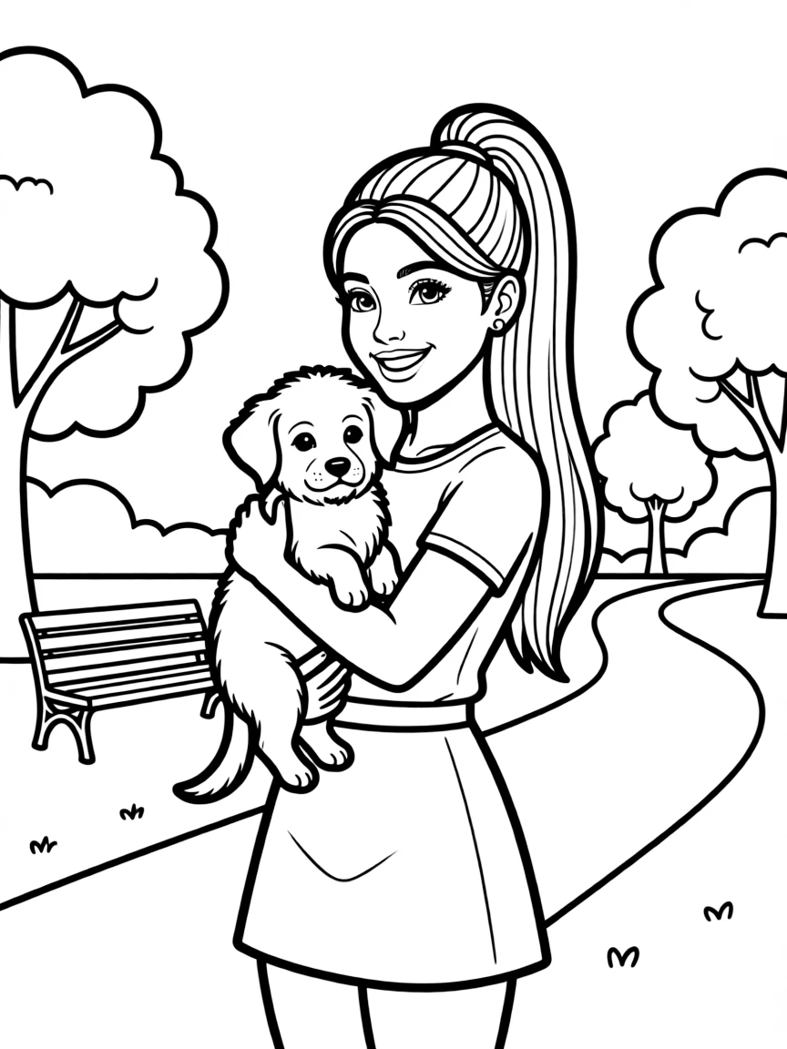 Ariana Grande smiling and holding a puppy with a park background – a fun and kid-friendly coloring page.