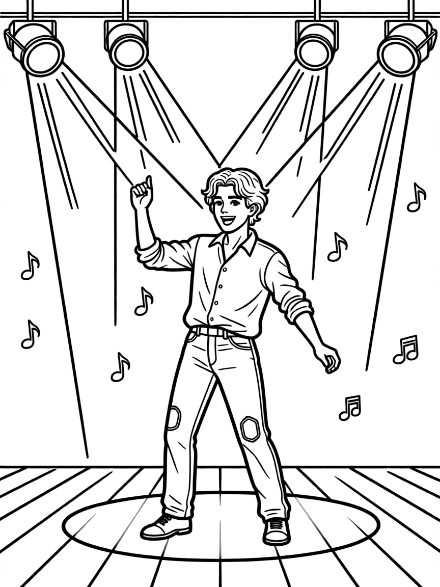 Timothée Chalamet dancing on a stage with spotlights and fun outfits – a fun and kid-friendly coloring page.