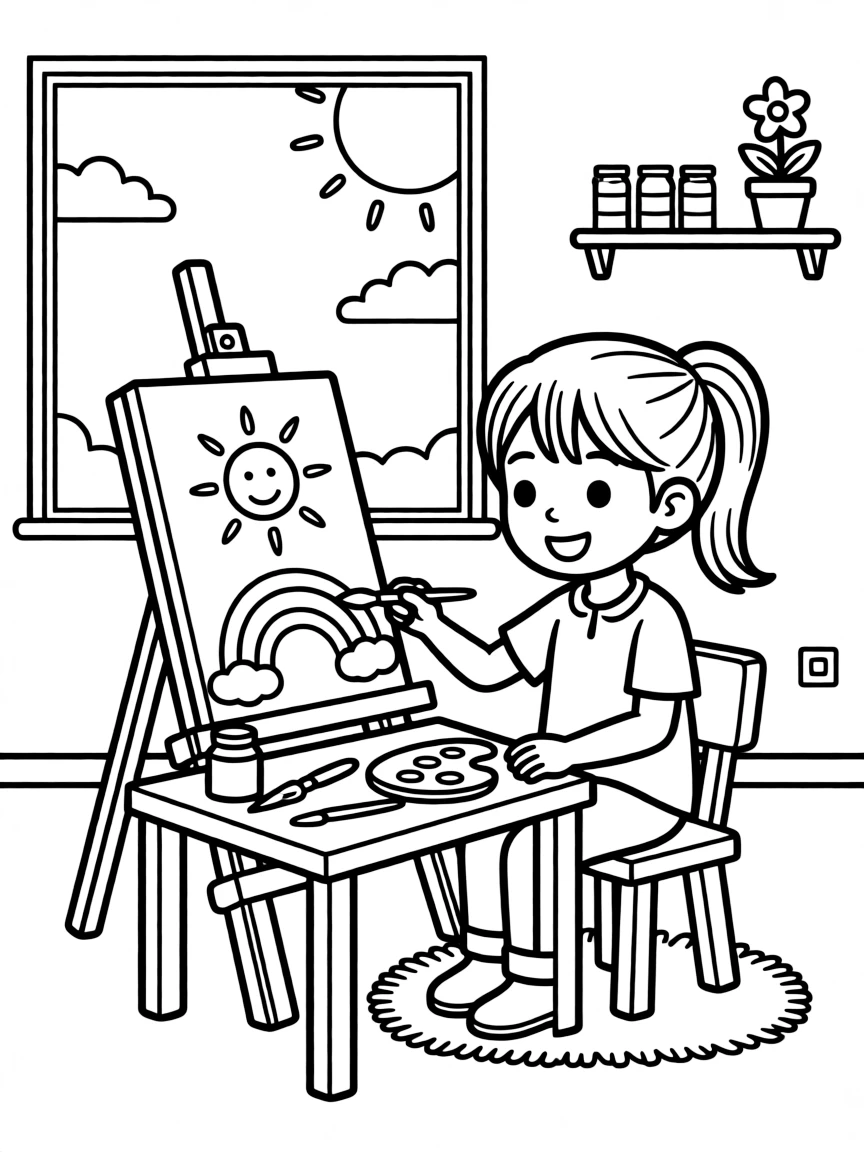 Kylie Jenner painting a picture at an art studio – a fun and kid-friendly coloring page.