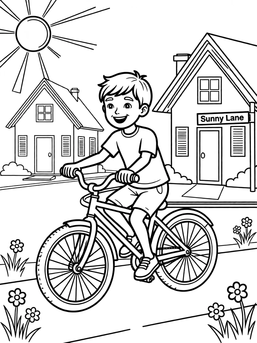 Michael Jordan riding a bicycle through a sunny neighborhood – a fun and kid-friendly coloring page.
