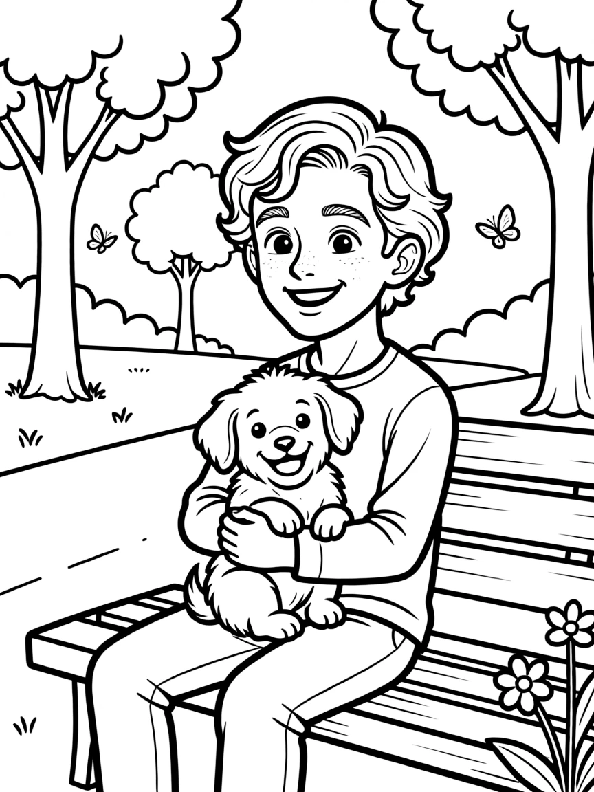 Timothée Chalamet smiling and holding a puppy with a park background – a fun and kid-friendly coloring page.