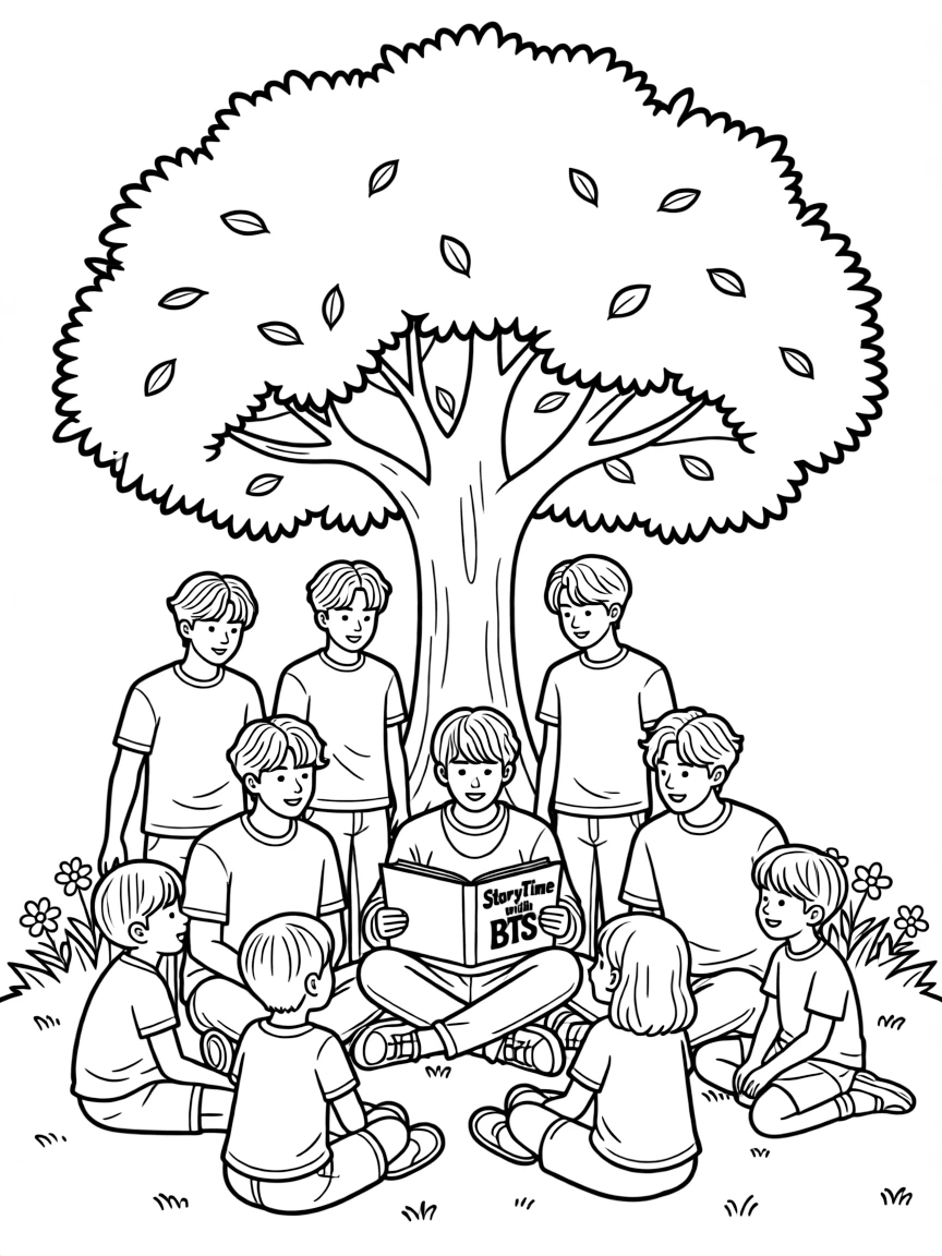 BTS Members reading a storybook to children under a tree – a fun and kid-friendly coloring page.