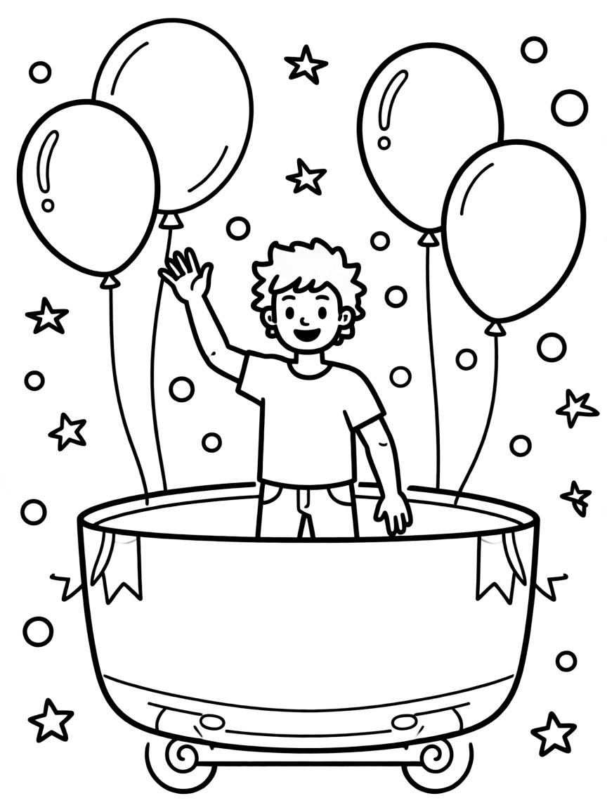 Ed Sheeran waving from a parade float with balloons and confetti – a fun and kid-friendly coloring page.