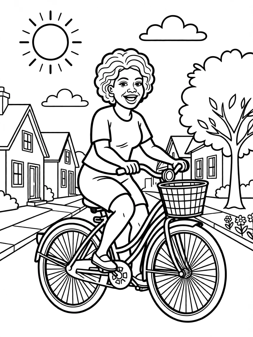 Oprah Winfrey riding a bicycle through a sunny neighborhood – a fun and kid-friendly coloring page.
