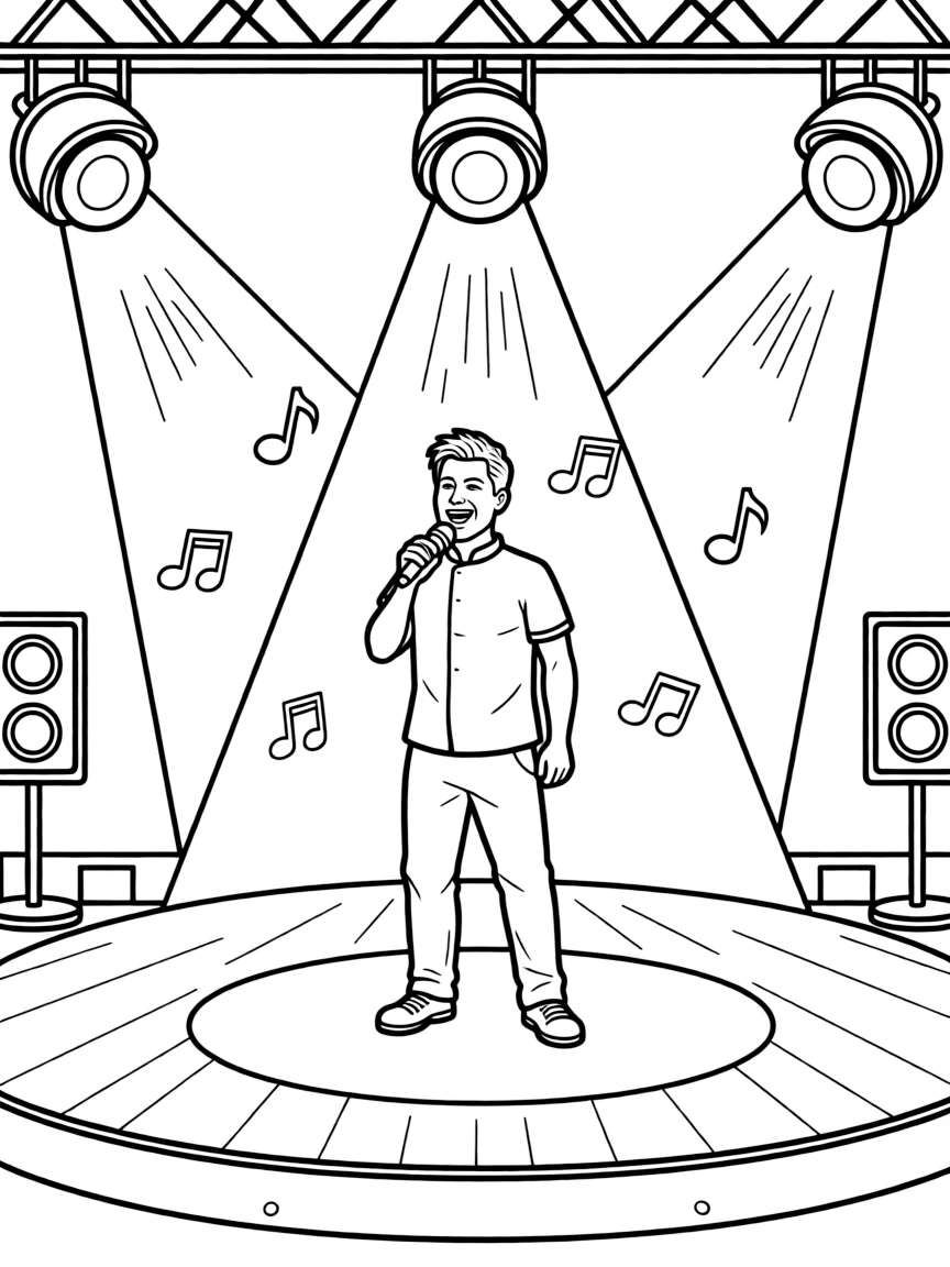 Gordon Ramsay singing on a big concert stage with musical notes and lights – a fun and kid-friendly coloring page.