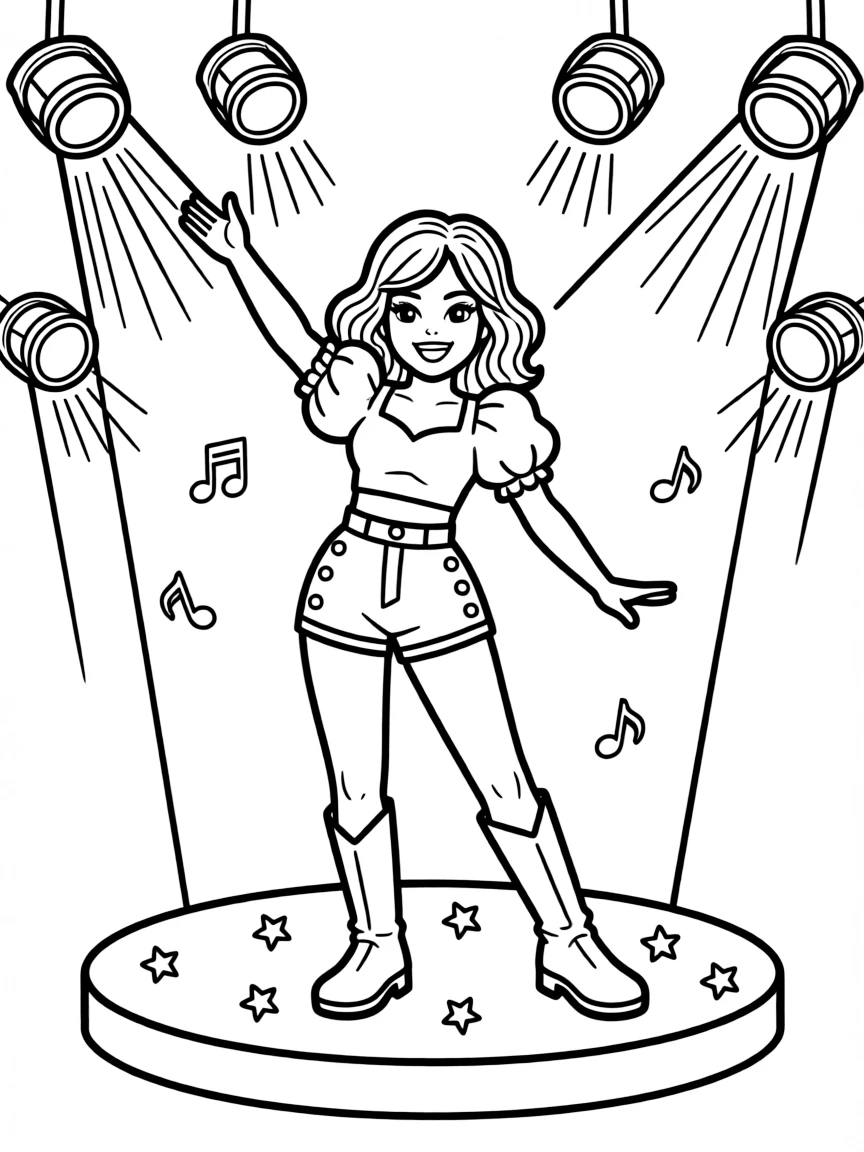 Doja Cat dancing on a stage with spotlights and fun outfits – a fun and kid-friendly coloring page.