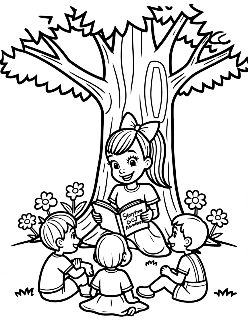 JoJo Siwa reading a storybook to children under a tree – a fun and kid-friendly coloring page.