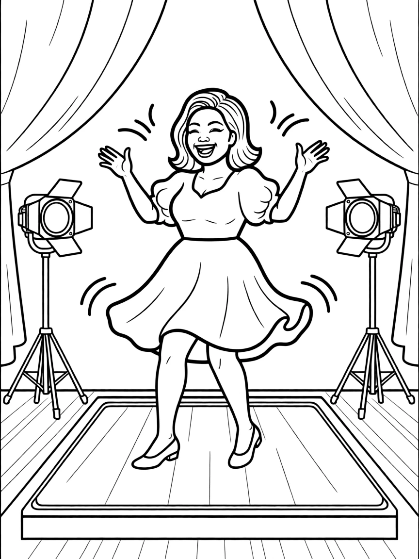 Oprah Winfrey dancing on a stage with spotlights and fun outfits – a fun and kid-friendly coloring page.