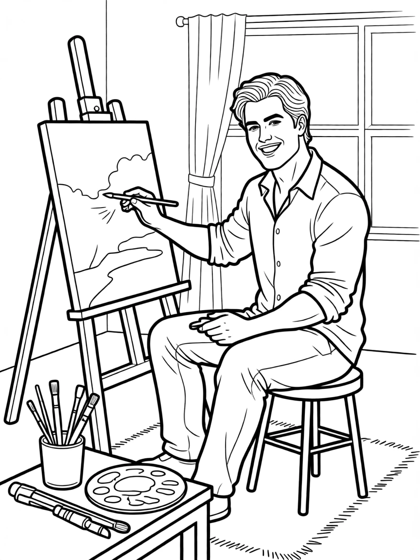 Chris Hemsworth painting a picture at an art studio – a fun and kid-friendly coloring page.