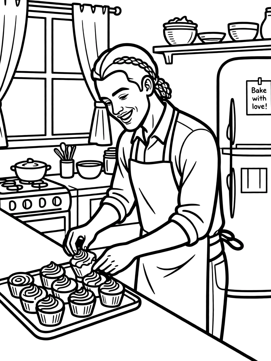 Post Malone baking cupcakes in a colorful kitchen – a fun and kid-friendly coloring page.