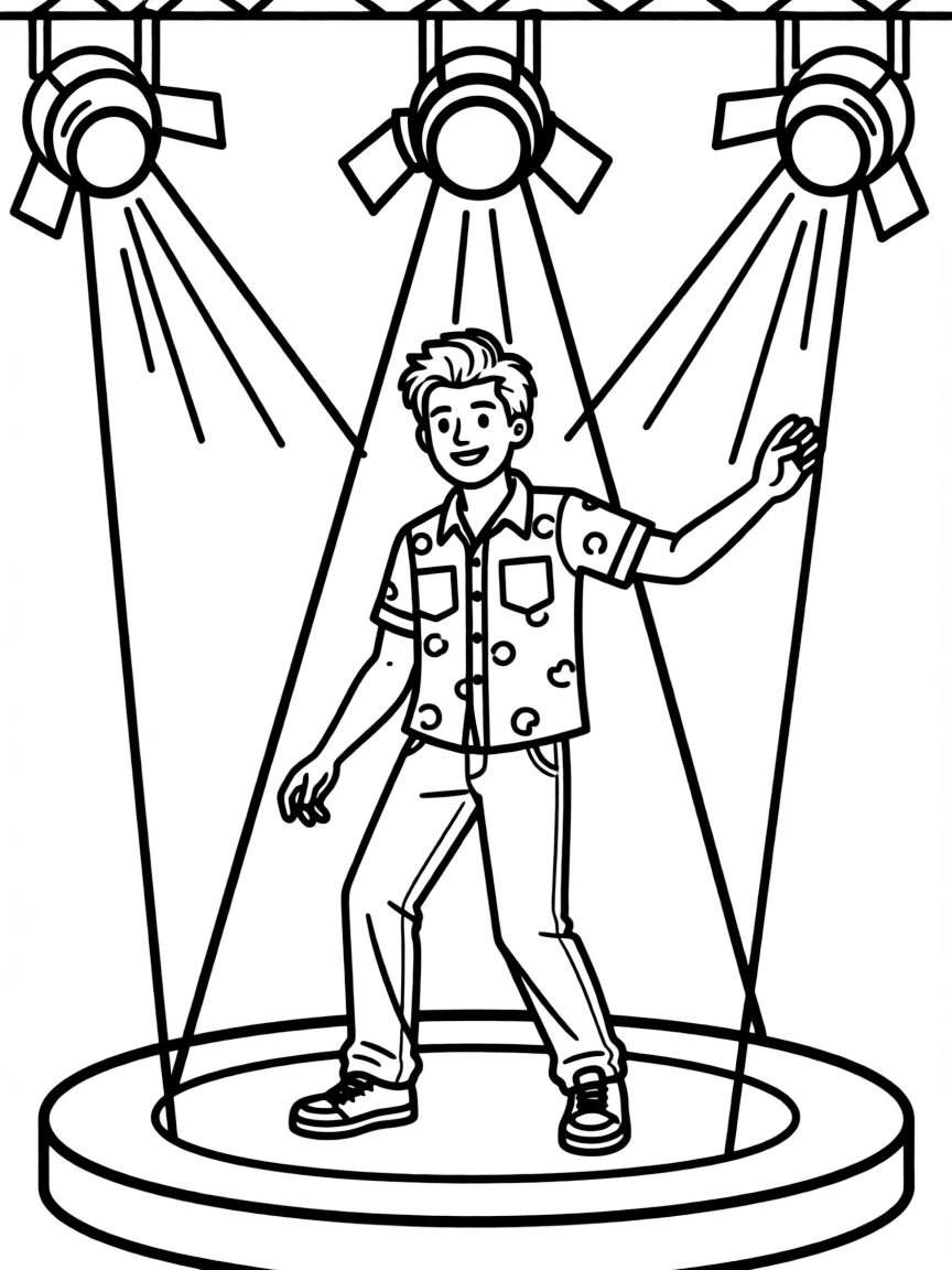 Shawn Mendes dancing on a stage with spotlights and fun outfits – a fun and kid-friendly coloring page.
