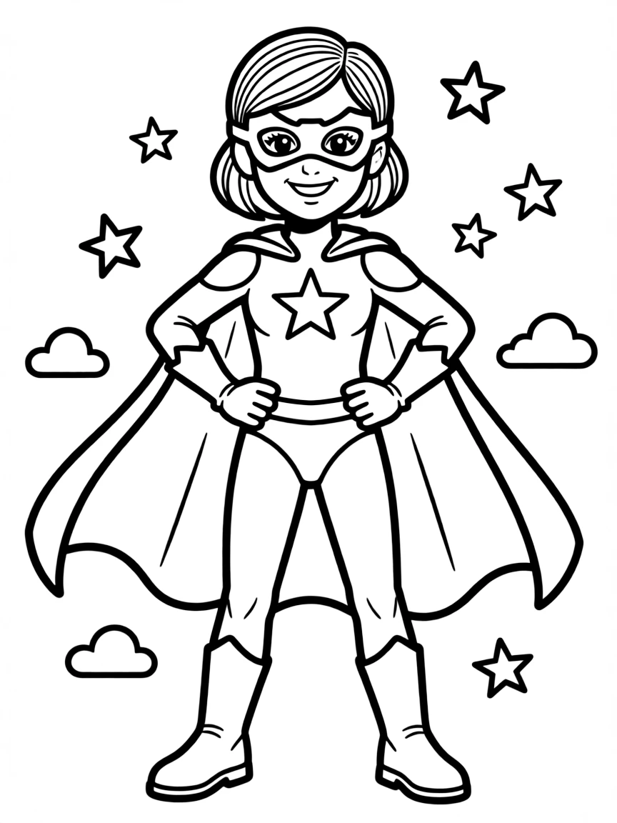 Emma Watson dressed as a superhero, ready to save the day – a fun and kid-friendly coloring page.