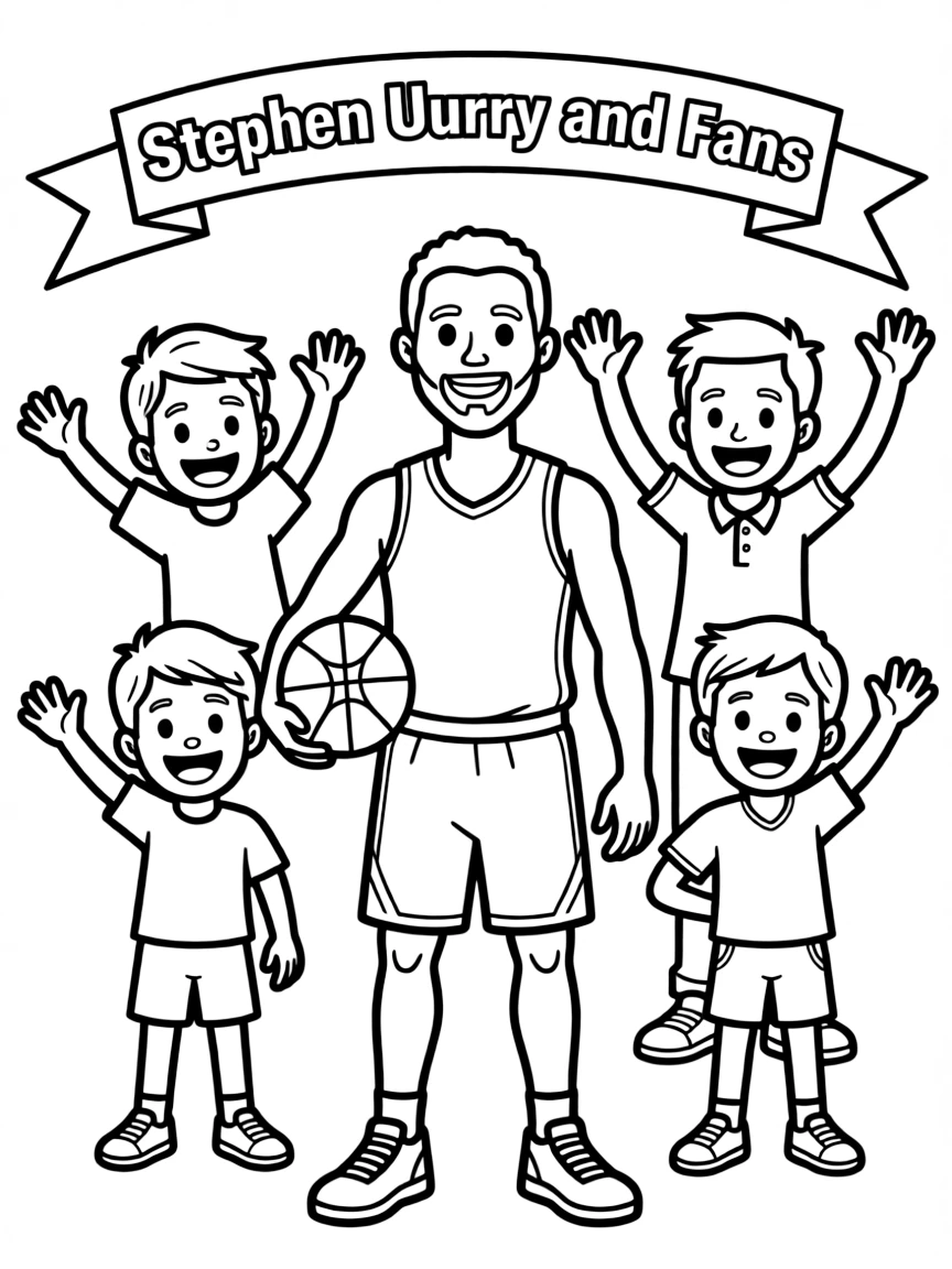 Stephen Curry posing with cartoon versions of their fans – a fun and kid-friendly coloring page.