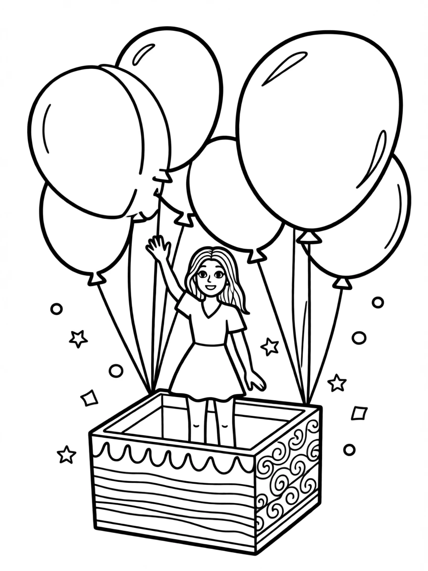 Camila Cabello waving from a parade float with balloons and confetti – a fun and kid-friendly coloring page.