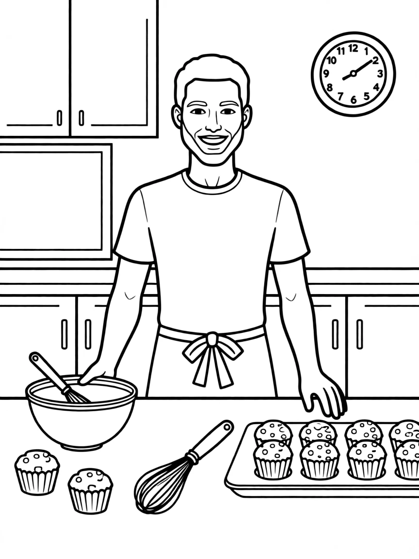 Stephen Curry baking cupcakes in a colorful kitchen – a fun and kid-friendly coloring page.