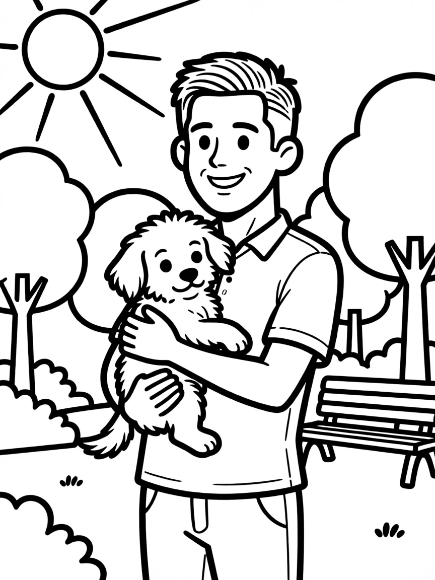 Lionel Messi smiling and holding a puppy with a park background – a fun and kid-friendly coloring page.