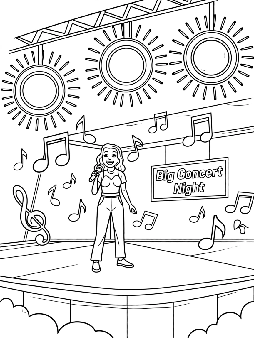 Dua Lipa singing on a big concert stage with musical notes and lights – a fun and kid-friendly coloring page.
