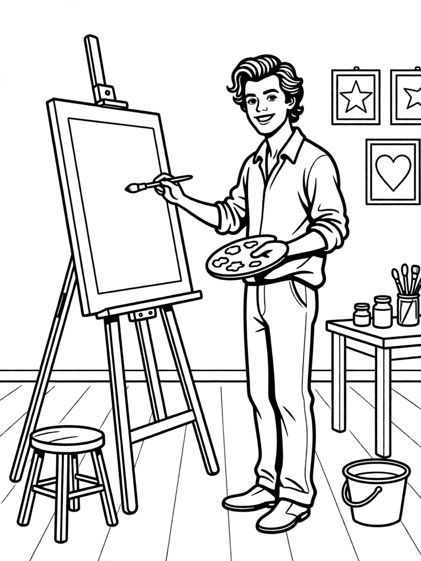 Harry Styles painting a picture at an art studio – a fun and kid-friendly coloring page.