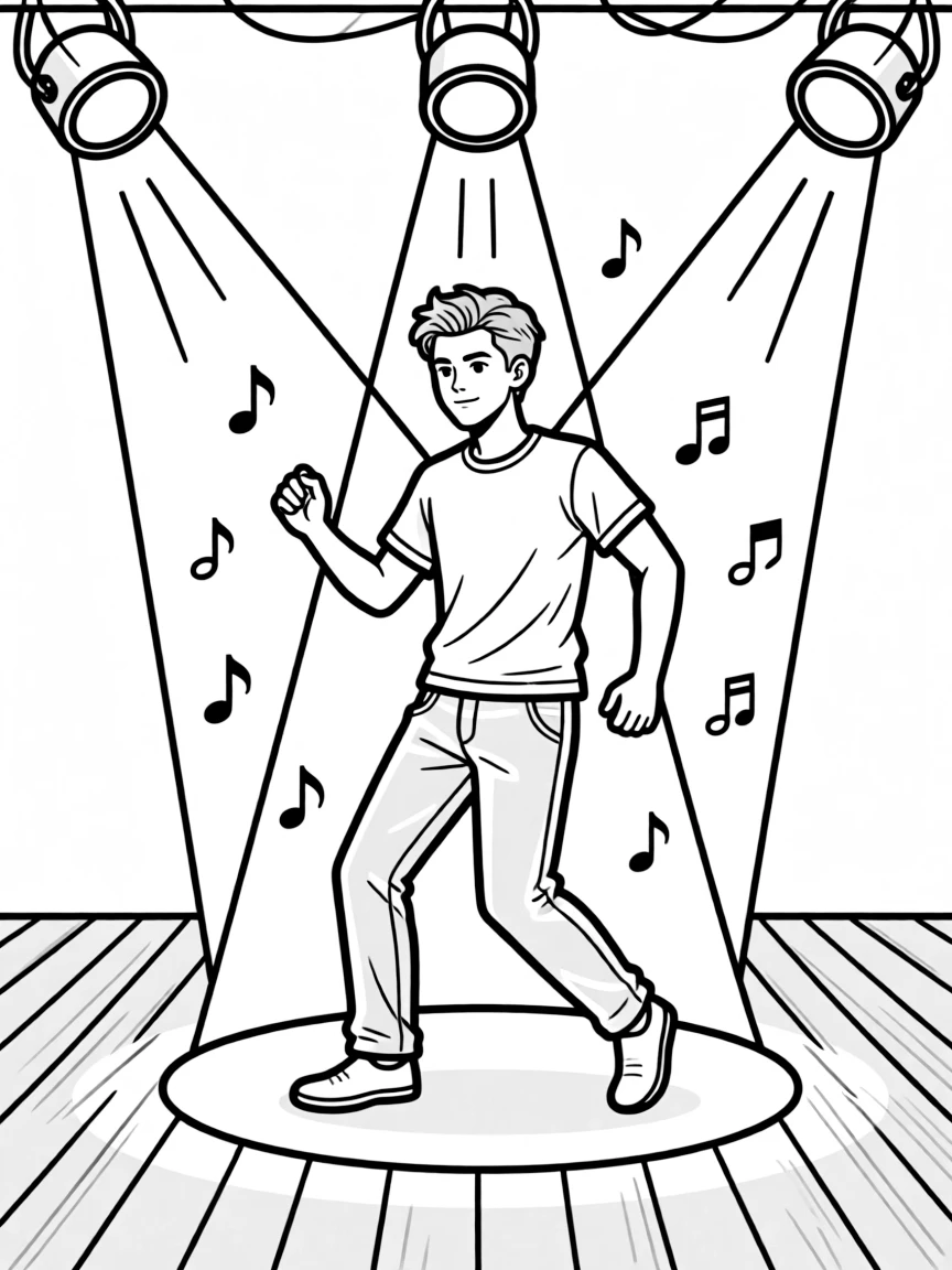 Tom Holland dancing on a stage with spotlights and fun outfits – a fun and kid-friendly coloring page.
