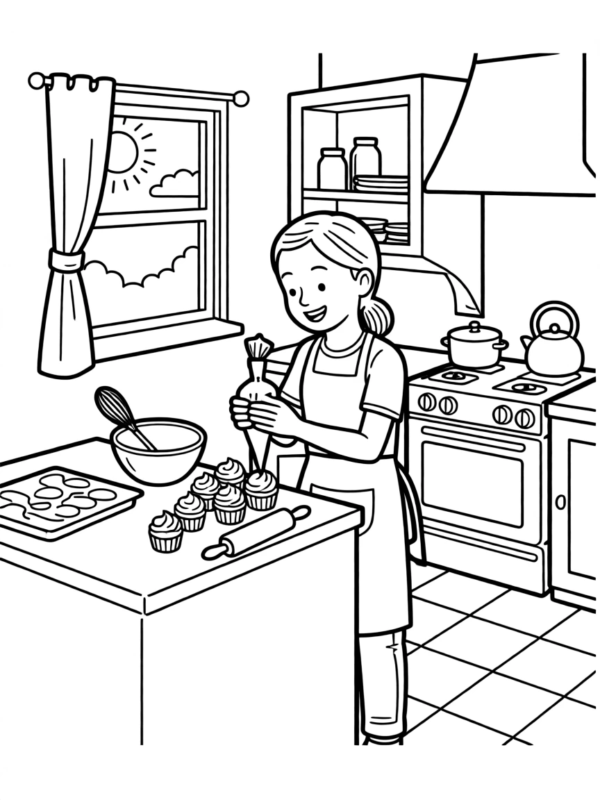 Millie Bobby Brown baking cupcakes in a colorful kitchen – a fun and kid-friendly coloring page.