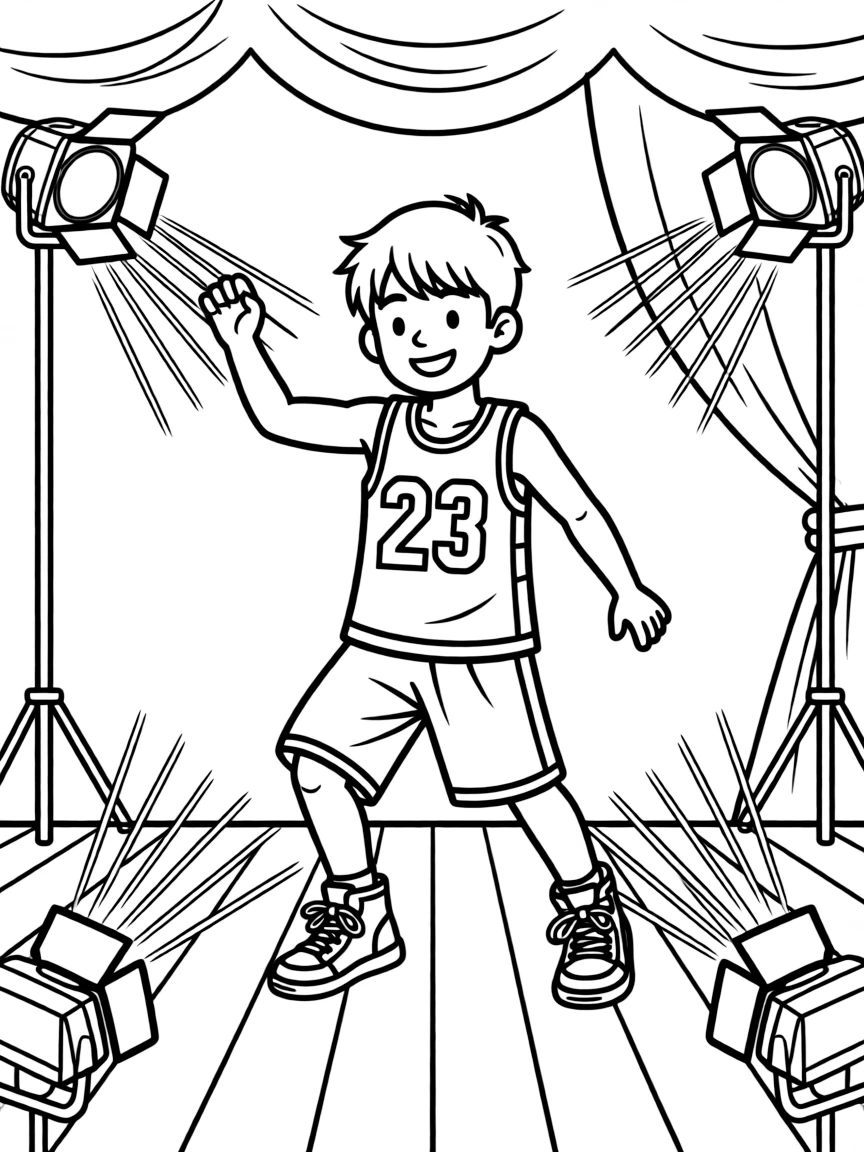 LeBron James dancing on a stage with spotlights and fun outfits – a fun and kid-friendly coloring page.