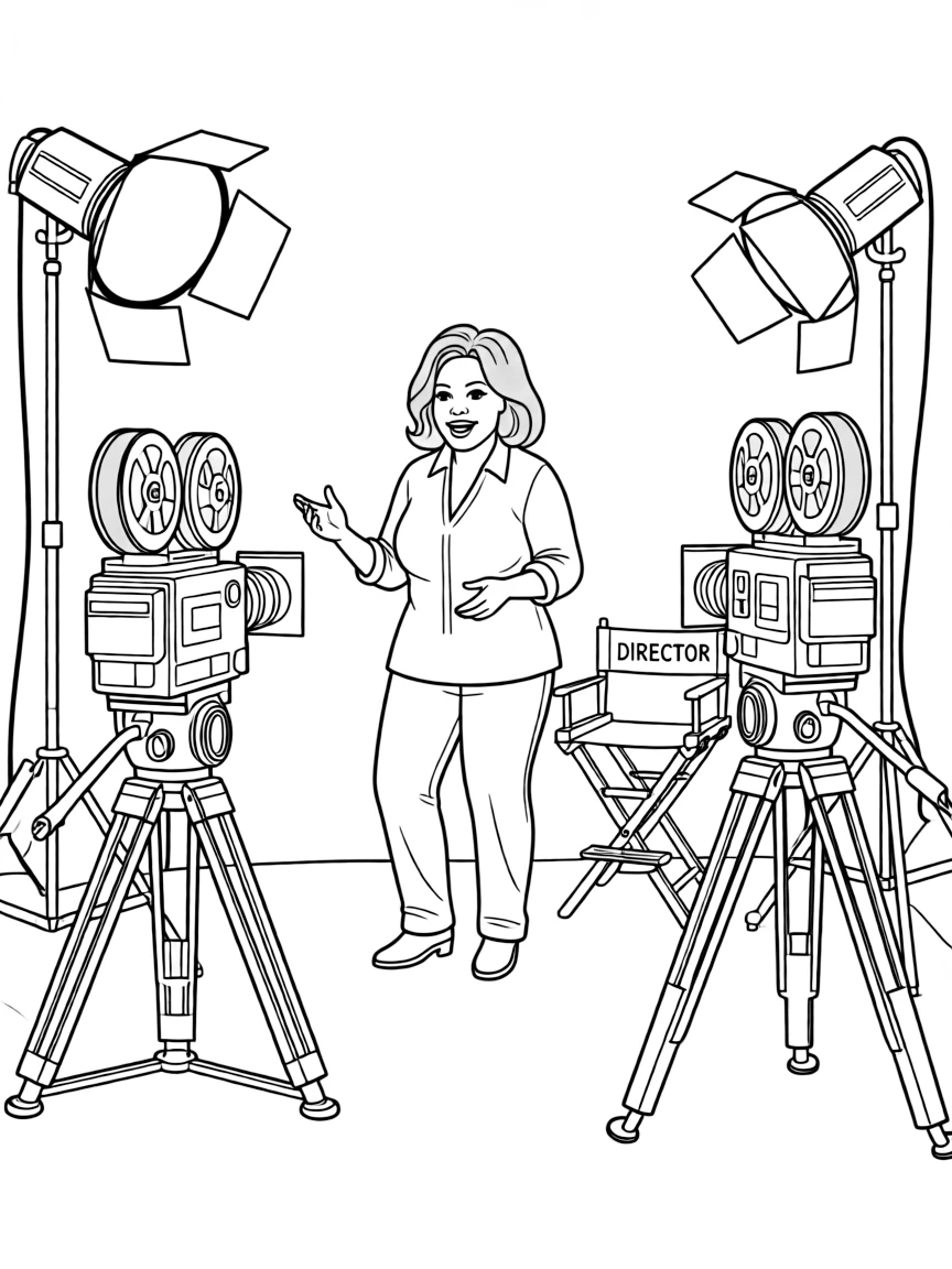 Oprah Winfrey acting in a scene on a movie set with cameras – a fun and kid-friendly coloring page.