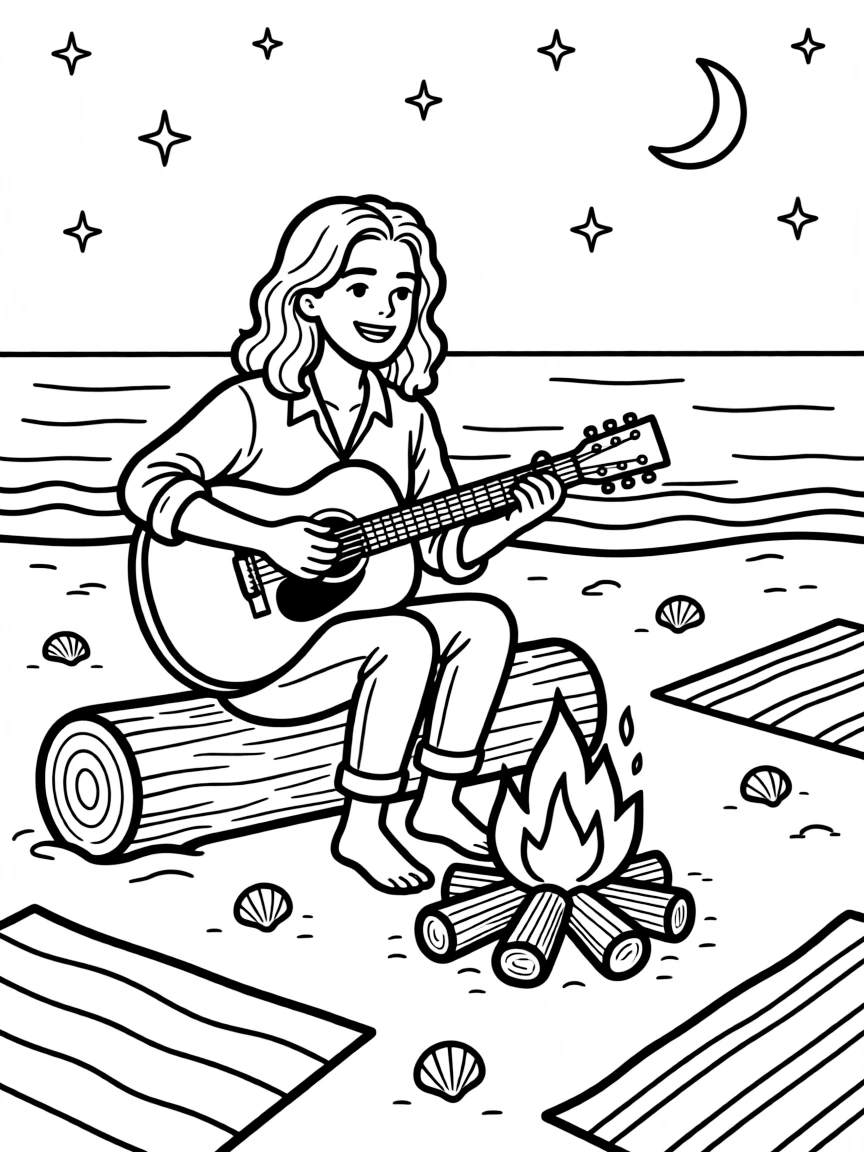 Anne Hathaway playing guitar at a beach bonfire – a fun and kid-friendly coloring page.