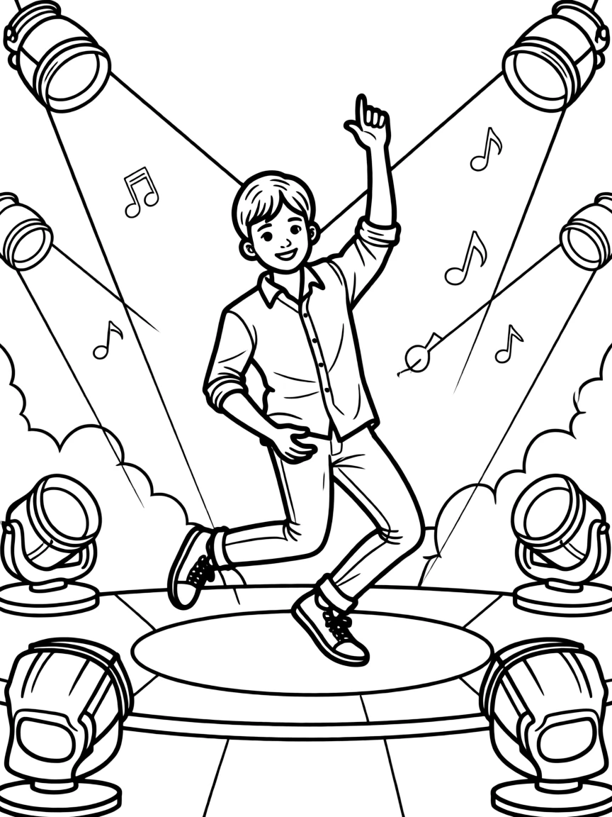 Bruno Mars dancing on a stage with spotlights and fun outfits – a fun and kid-friendly coloring page.