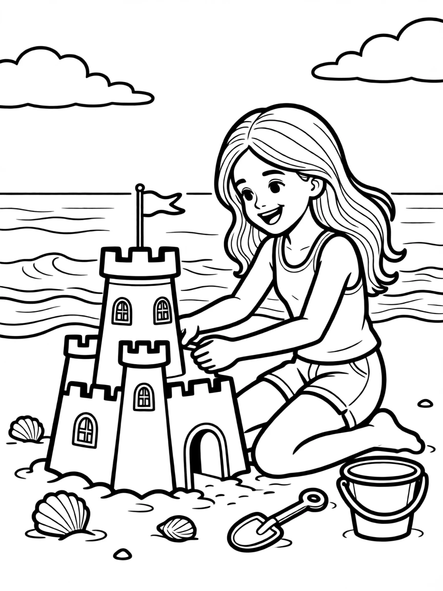Selena Gomez building a sandcastle at the beach – a fun and kid-friendly coloring page.
