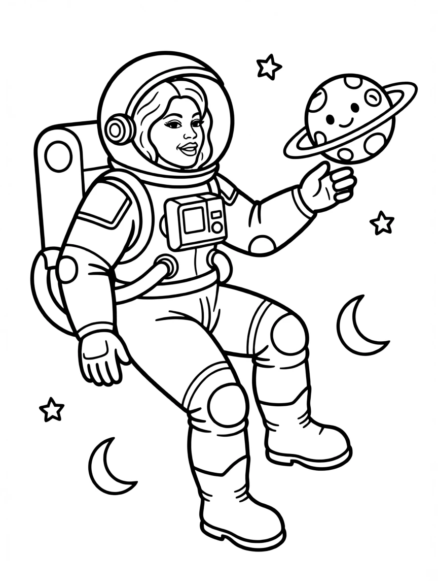 Oprah Winfrey exploring space in an astronaut suit – a fun and kid-friendly coloring page.